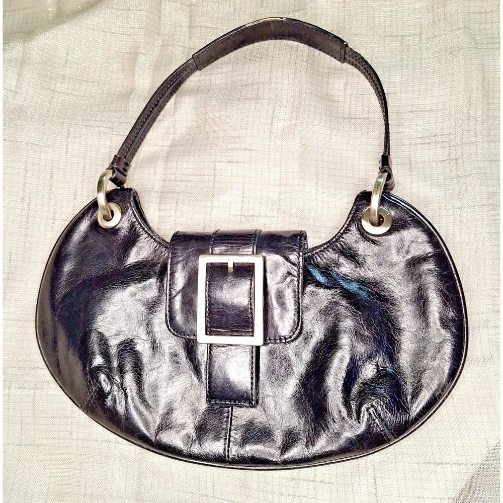Kenneth Cole New York Black Leather Med Small Hobo Buckle Accent Handbag Purse